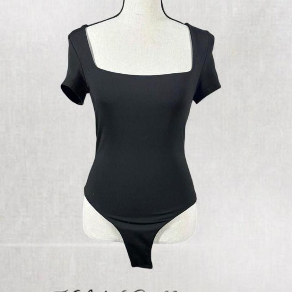 Goth Classic Basic Black Body Suit with Square Neckline
